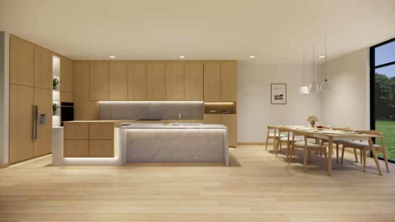 3d rendering. Interior house modern open living space with modern minimal  style  apartment residence.Home decoration  interior design idea.Bedroom wood material.